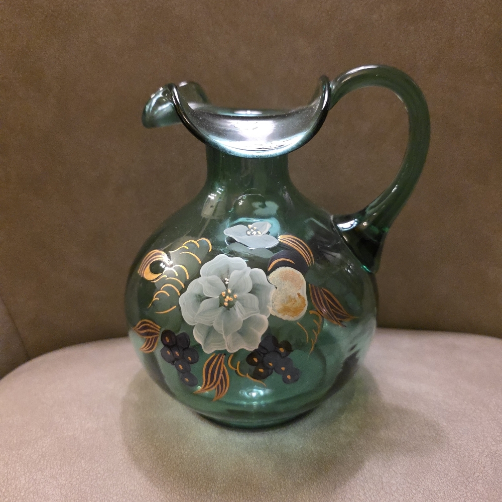 Fenton Green Glass Pitcher with Floral Design A Farley Vase Carnival Signed